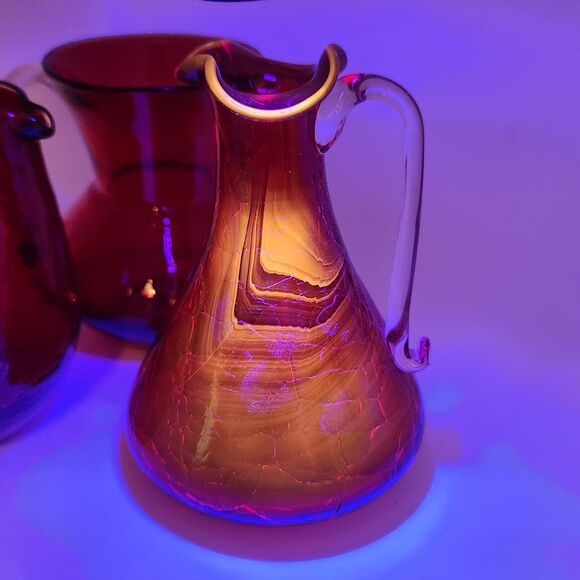 Pilgrim & Rainbow Glass Mini Pitcher Syrup Vase Set of 3 Ruby Red Crackle VTG - Picture 9 of 11
